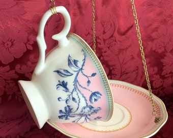 Tazza da tè Mangiatoia per uccelli Tazza da tè riproposta floreale rosa e blu con piattino Decorazione pensile per giardino e patio