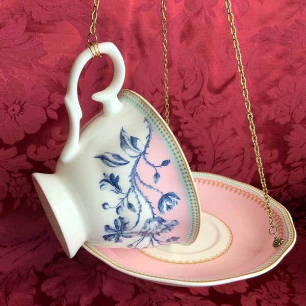 Tea Cup Bird Feeder Pink And Blue Floral Repurposed Tea Cup & Saucer Hanging Garden And Patio Decor