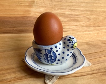 Vintage Egg Cup Tiffany & Co. Portugal Hand Painted Blue And White Hen Chicken