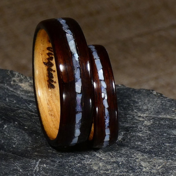 The couple of wedding rings in ebony and mother-of-pearl - wooden ring for him, for her - Handmade wooden engagement ring