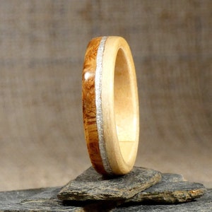 Wood and silver alliance - maple, amboyna and silver leaf - ring for the couple, for her - handmade in France