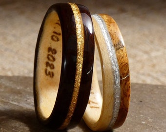 Couple of wood, silver and gold alliance - For him; maple, ebony For her; maple and amboyna - a wedding ring handmade in France