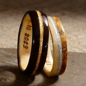 Juego de anillos de boda de madera, plata y oro - Para él; arce, ébano Para ella; Arce y amboyna: un anillo de bodas hecho a mano en Francia