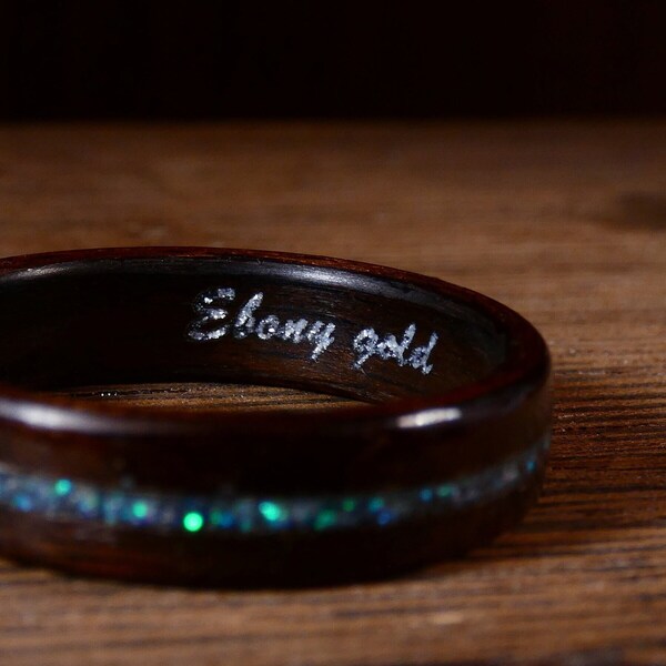 Women's wooden ring in ebony and iridescent blue glitter - A natural and original alliance for her, handmade in France