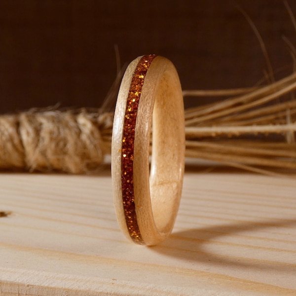 Coppery wooden ring - maple and glitter - Alliance for couple, for him, for her - Handmade proposal ring