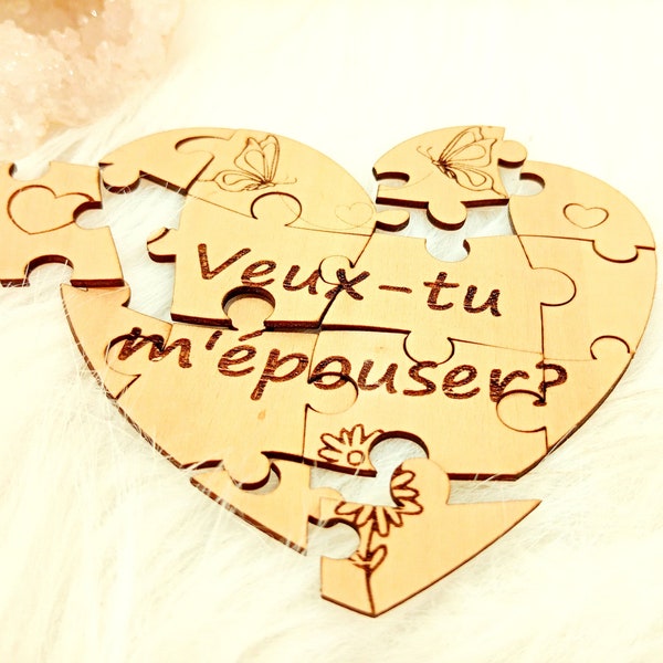 Coeur message puzzle en bois "voeux-tu m'épouser ?" - carte message demande en mariage