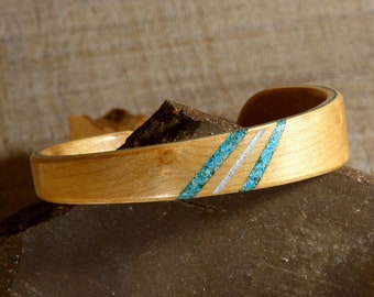 Bracelet manchette en bois et pierre - bracelet jonc ouvert en érable, hêtre bleu, turquoise et feuille d'argent unique fait main en France