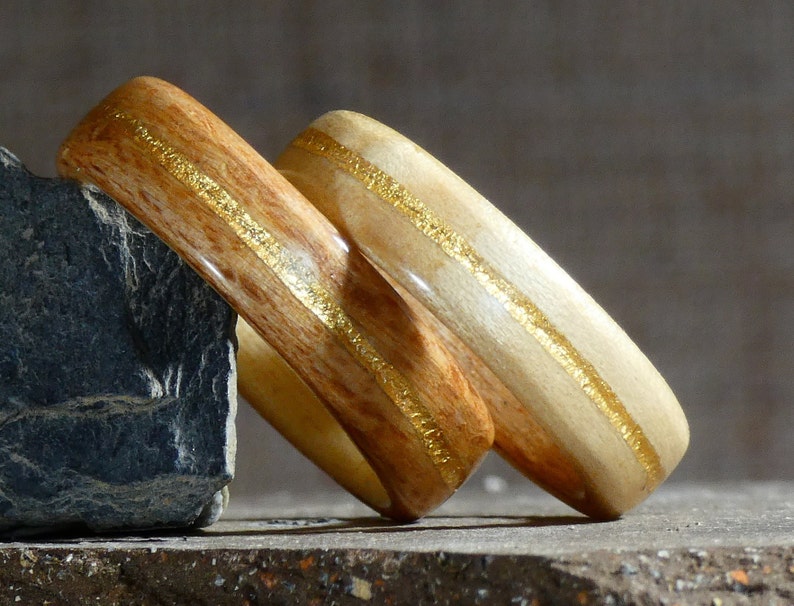 Couple wedding ring in beech wood, maple and gold original ring for the couple, for him, for her handmade in France image 6