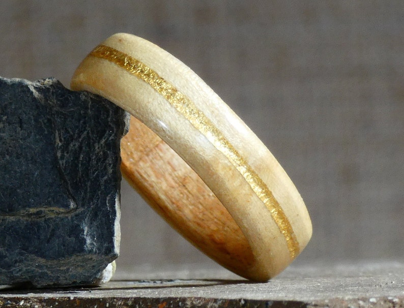 Couple wedding ring in beech wood, maple and gold original ring for the couple, for him, for her handmade in France image 4