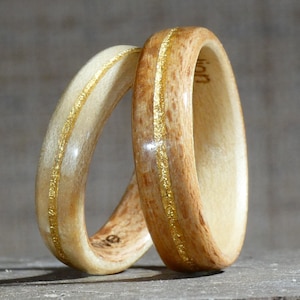 Couple wedding ring in beech wood, maple and gold original ring for the couple, for him, for her handmade in France image 2