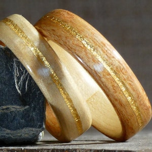 Couple wedding ring in beech wood, maple and gold original ring for the couple, for him, for her handmade in France image 3