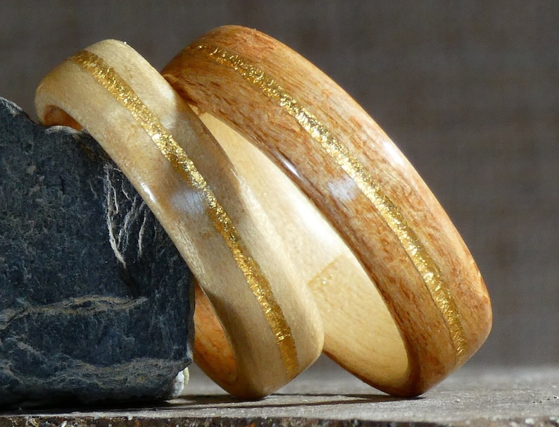 Couple wedding ring in beech wood, maple and gold original ring for the couple, for him, for her handmade in France image 3