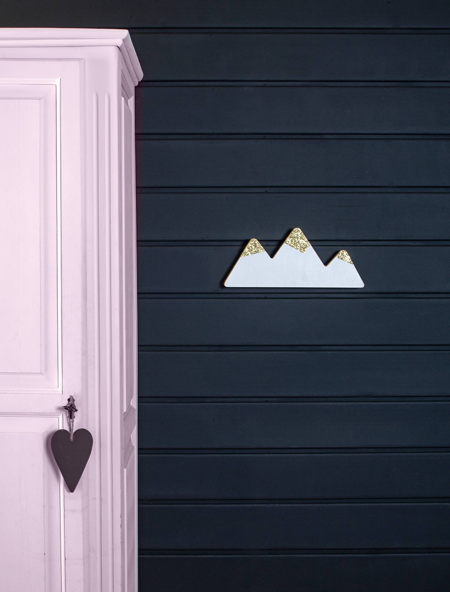 Porte Manteau Montagne Blanc et Paillettes Or/Porte Bois Enfant La Cabane de Bois