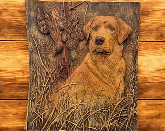 Labrador Retriever wood carving live edge duck hunting scene painting one of a kind