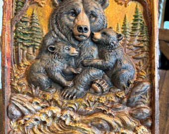 Black bear with cubs wooden live edge 3D carved art