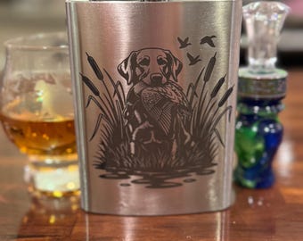 Stainless steel flask hunting theme can be personalized Deer Ducks Pheasant Setters Pointers Retrievers