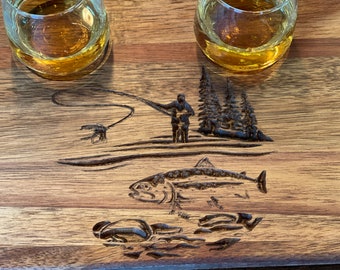Whiskey/Beer flight shot glass tray Fly fishing trout themed