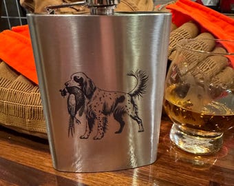 Stainless steel flask hunting theme can be personalized Deer Ducks Pheasant Setters Pointers Retrievers