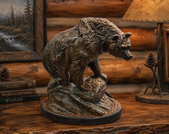 Alaskan Coastal Brown Bear Grizzly hand painted sculpture on wood base