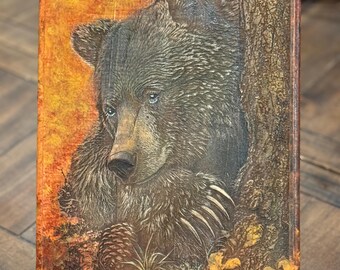 Black bear in forest artwork solid wood