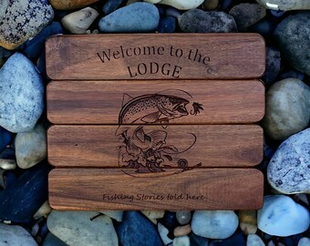 Rustic Trout Fly Fishing Welcome to the Lodge wooden carved sign