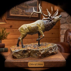 Bull Elk statue “Echoes of Autumn’’ one of a kind 12x6x12 on a  walnut base