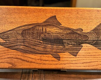 Engraved Grizzly Bear with Salmon art oak display