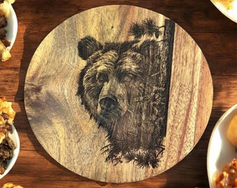 Grizzly Bear trivet serving tray engraved wood