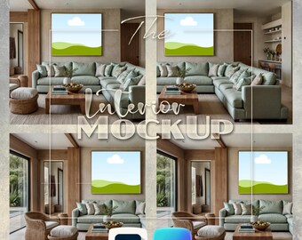 Beach House Mockup Frame | Square Art Mockup Black Frame | Minimalist Living Room Frame MockUp | Photoshop Template | Canva Mock Up PSD PNG