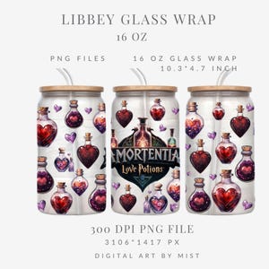 May include: A digital design for a 16 ounce glass wrap featuring a white background with a repeating pattern of purple and red potion bottles and hearts. The design also includes a green and gold logo with the text "Mortentia Love Potions".