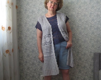Chaleco de crochet para mujer, chaleco de verano, cárdigan sin mangas de algodón.