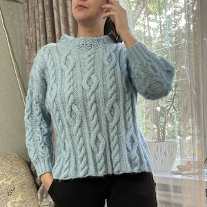 Light Blue Knit Women&#39;s Sweater - Chunky Aran Design, Comfy Acrylic
