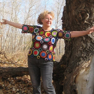 crocheted top , openwork top with 3/4 sleeves, Summer multi colored sweater for women