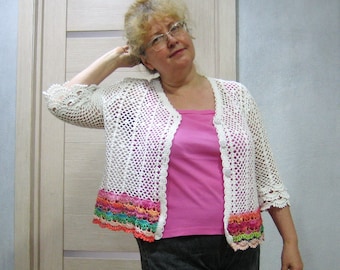 Crocheted cropped cardigan 3/4 sleeve Button closure Size 14  I will make to order in any size