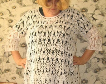 crochet tunic plus size clothing Cotton White Long sleeve