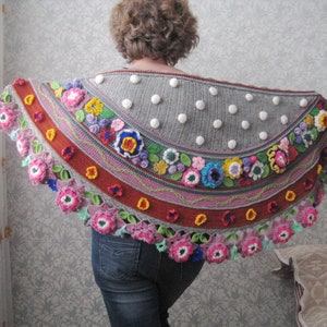 Crochet shawl with 3D flowers, Hippie style shawl, Rustic style shawl, Home shawl, home interior decoration