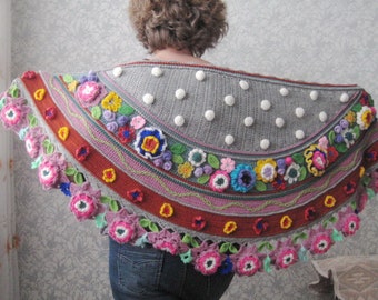 Crochet shawl with 3D flowers, Hippie style shawl, Rustic style shawl, Home shawl, home interior decoration
