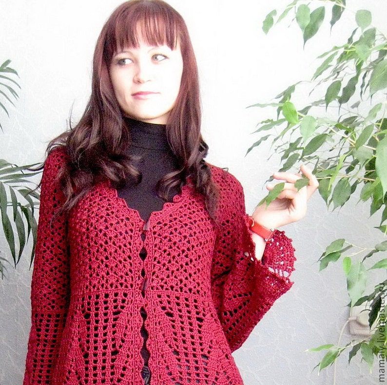 Crochet Long Cardigan Long Sleeve Red Cherry Cotton, High Waist. Etsy