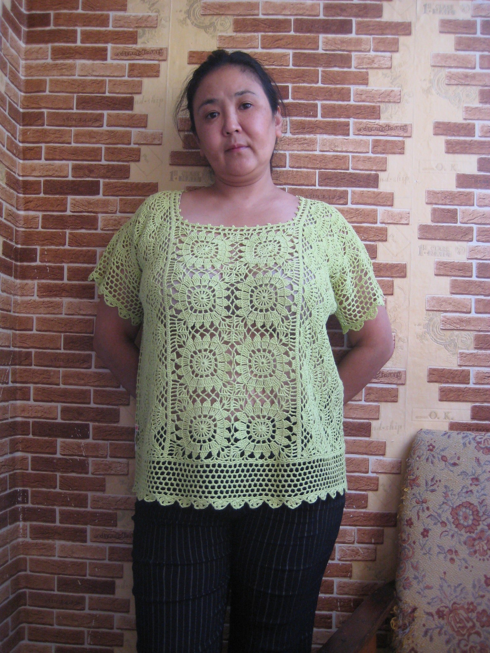 ACEWIN Long Puff Sheer Sleeve Crochet Buttoned Top (Free Size) 110266
