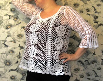 crochet tunic plus size clothing Cotton White Long sleeve