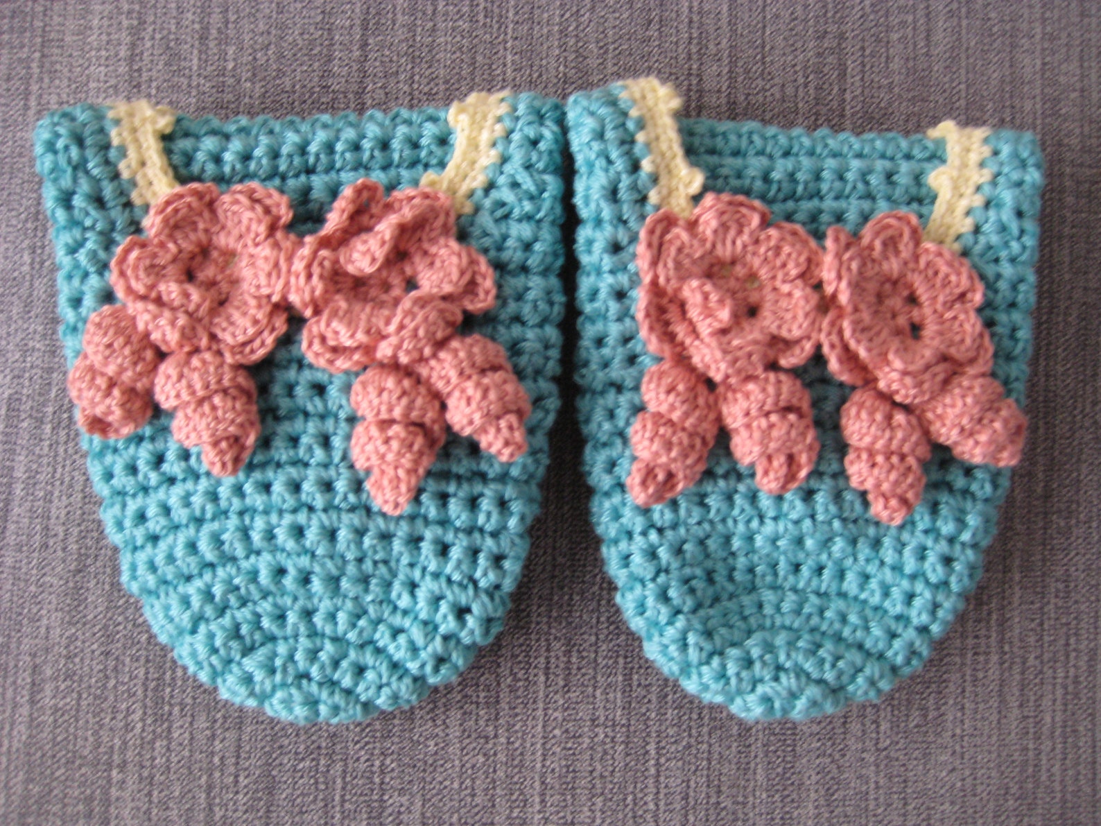 crochet ballet slippers, turquoise color, cotton, two flower decoration, gift for woman for mom for girlfriend, home slippers, n