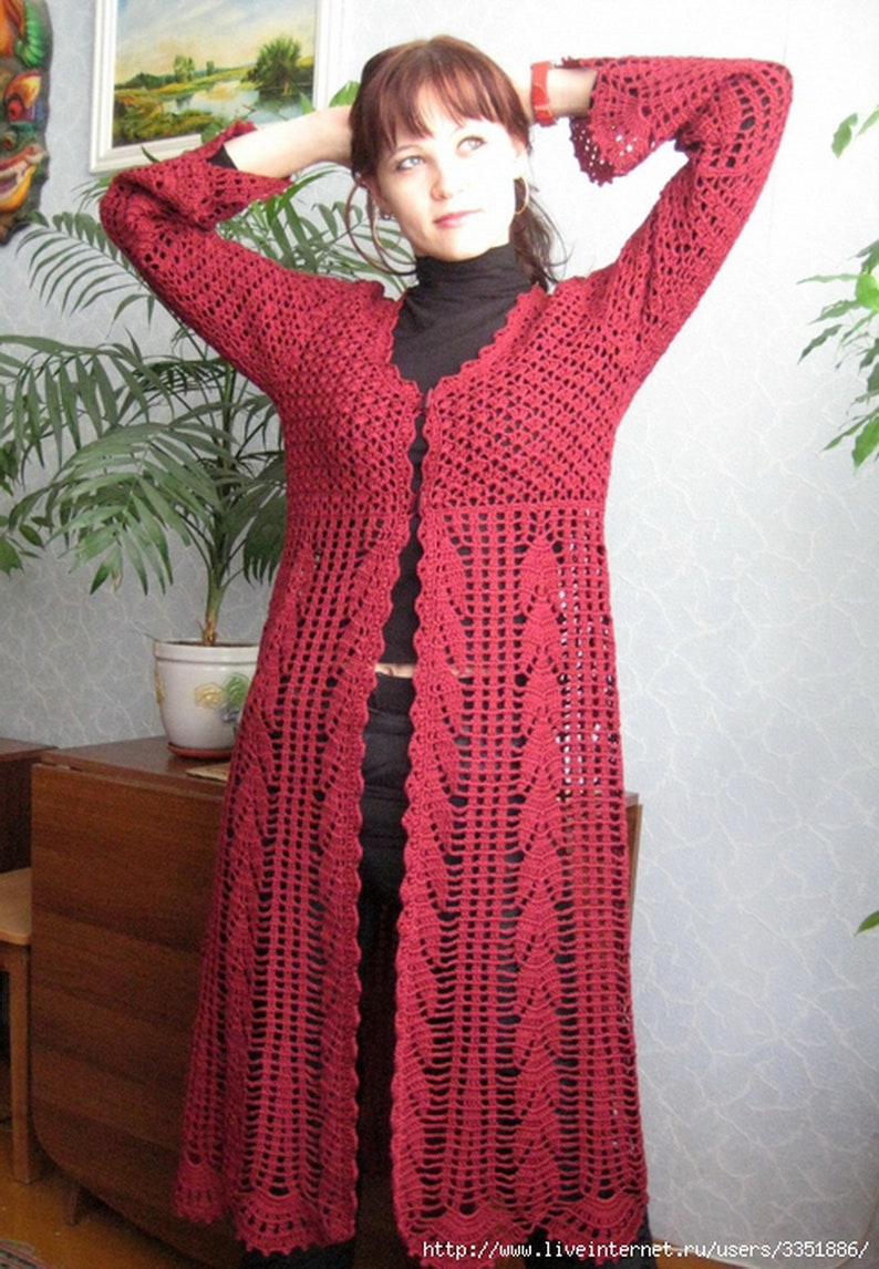 Crochet Long Cardigan Long Sleeve Red Cherry Cotton, High Waist. Etsy