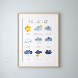 Descarga digital del gráfico meteorológico / Impresión meteorológica diaria, ¿Cuál es el tiempo?, Hora del círculo imprimible, Póster preescolar, Póster meteorológico, Escuela en casa