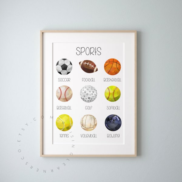 Sports Balls Poster Digital Print / Sports Balls Print, Sports Ball Chart, Sports Printable, Sports Worksheet, Gym Poster, Sports Poster