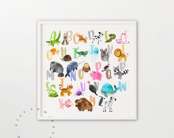 Impression d’art numérique alphabet animal / ABC imprimable, chambre de bébé imprimable, alphabet animal imprimable, affiche ABC, impression d’art pour salle de jeux pour enfants