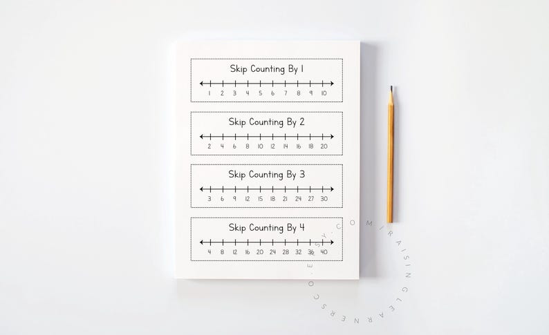 May include: A white notepad with black text showing skip counting by 1, 2, 3, and 4. A yellow pencil is placed vertically next to the notepad. The notepad is on a white surface.