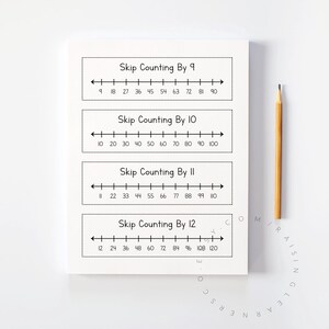 May include: A white notepad with black text showing skip counting by 9, 10, 11, and 12. A yellow pencil is placed next to the notepad on a white surface. The notepad is a learning tool for math.