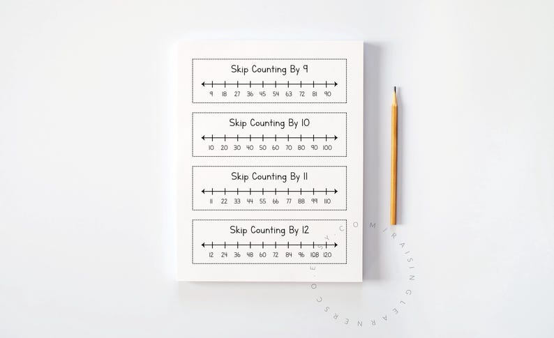 May include: A white notepad with black text showing skip counting by 9, 10, 11, and 12. A yellow pencil is placed next to the notepad on a white surface. The notepad is a learning tool for math.