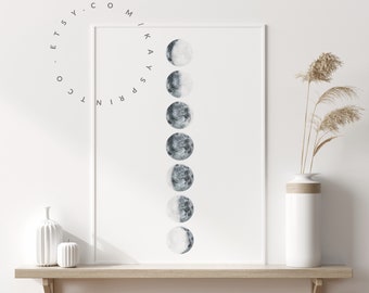 Phases of the Moon Digital Art Print / Moon Phases Printable, Moon Phases Print, Moon Watercolor Art, Moon Painting, Lunar Phases, Boho Art