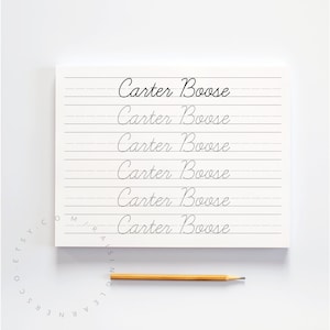 Peut inclure: Une feuille d'exercices d'écriture manuscrite imprimable avec le nom "Carter Boose" écrit six fois en cursive.